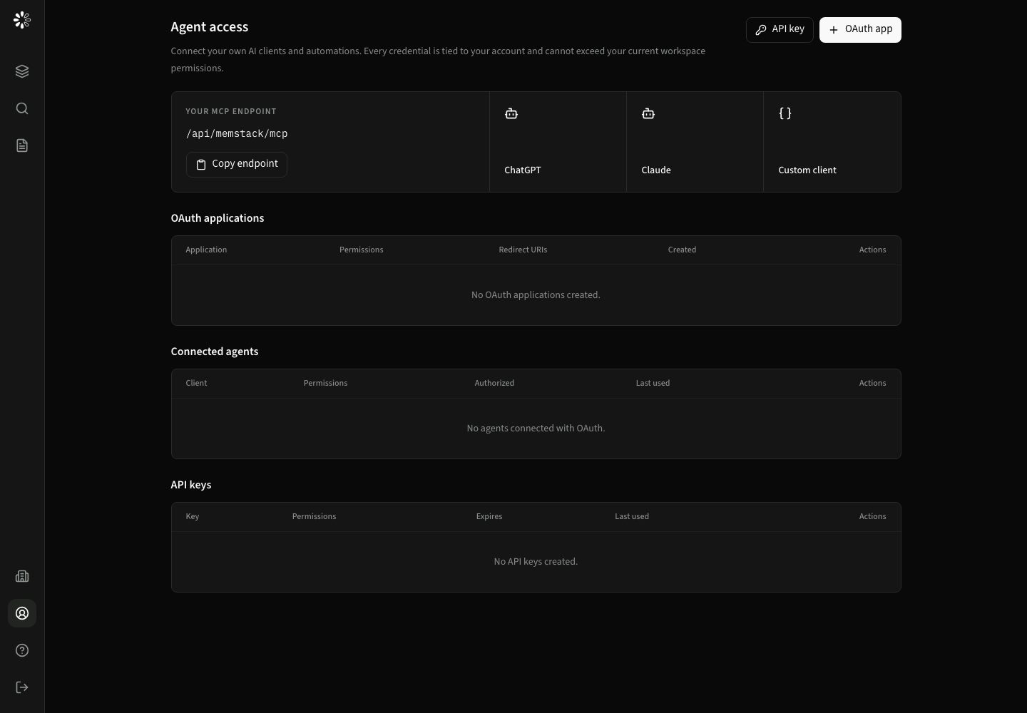 Personal Agent access settings with OAuth applications, connected agents, and scoped API keys.