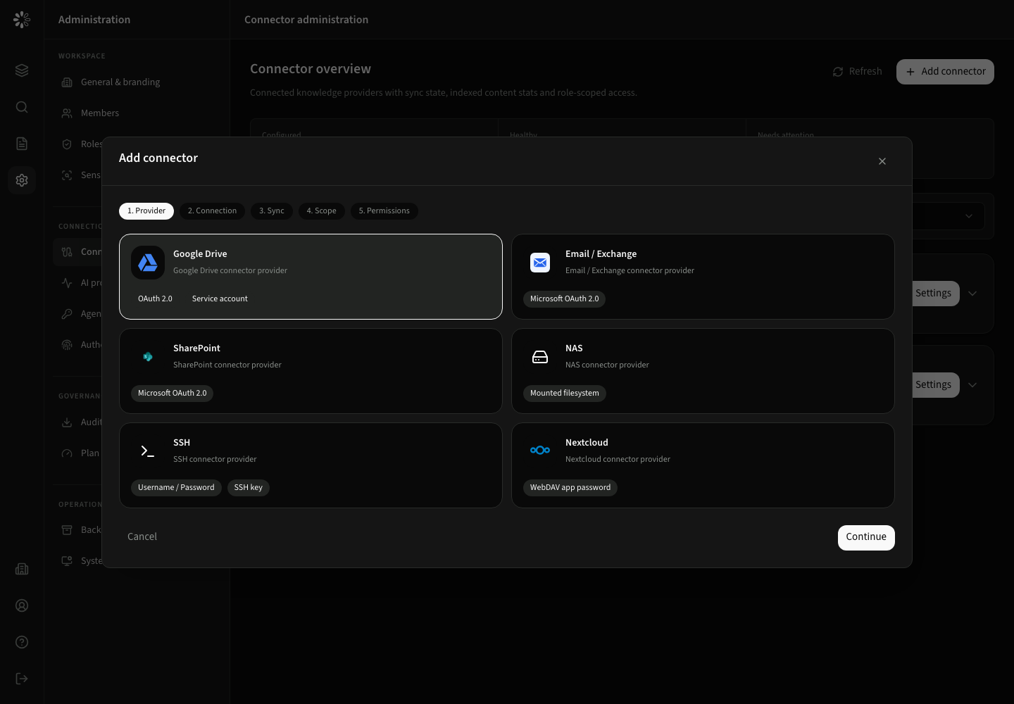 Add connector wizard showing provider choices and the five setup steps.