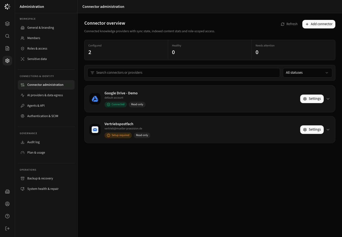 Connector overview with collapsed provider instances and their connection status.
