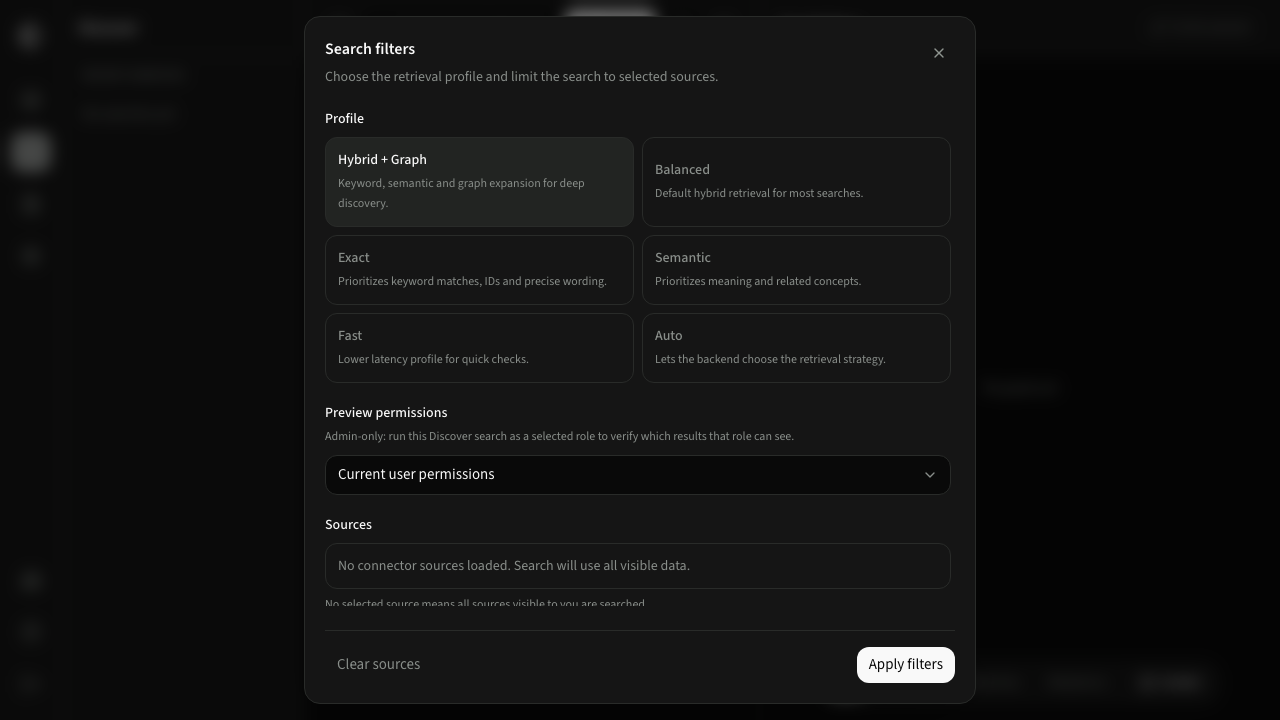 Discover filter modal with retrieval profiles, role preview, and source selection.