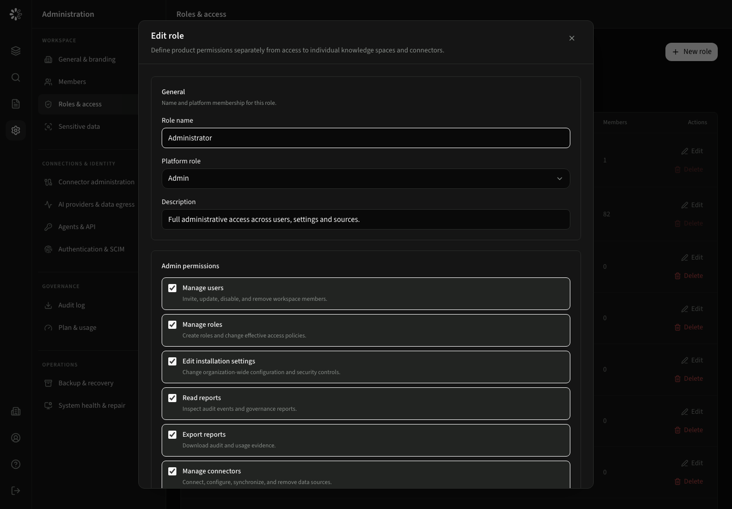 Role editor with platform role, product permissions, and resource access sections.