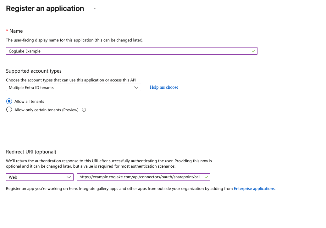 Microsoft application registration and Web redirect URI fields